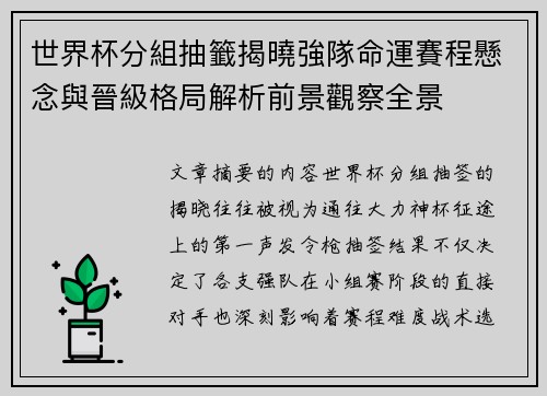 世界杯分組抽籤揭曉強隊命運賽程懸念與晉級格局解析前景觀察全景 世界杯分組抽籤揭曉強隊命運賽程懸念與晉級格局解析前景觀察全景